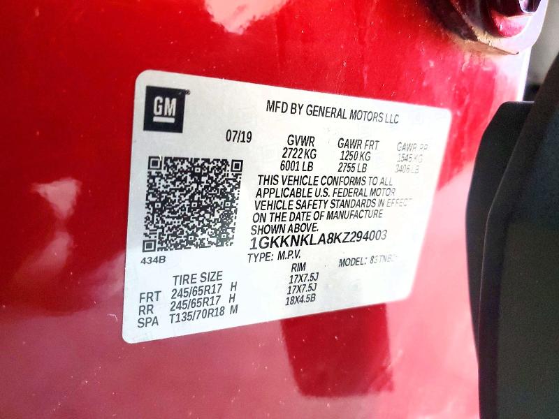 55222296 :رقم المزاد ، 1GKKNKLA8KZ294003 vin ، 2019 Gmc Acadia مزاد بيع