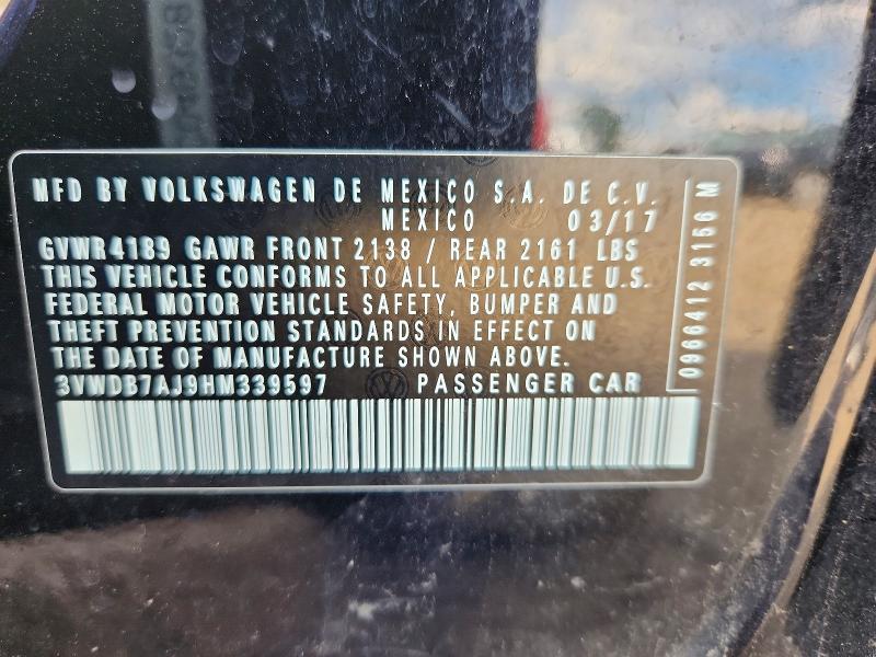 57169796 :رقم المزاد ، 3VWDB7AJ9HM339597 vin ، 2017 Volkswagen Jetta مزاد بيع