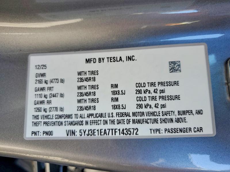 Aukcja sprzedaży 2026 Tesla Model 3, vin: 5YJ3E1EA7TF143572, numer aukcji: 56108396