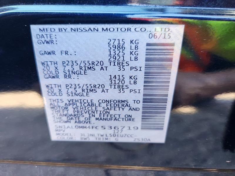 56432186 :رقم المزاد ، 5N1AL0MM4FC536719 vin ، 2015 Infiniti Qx60 مزاد بيع