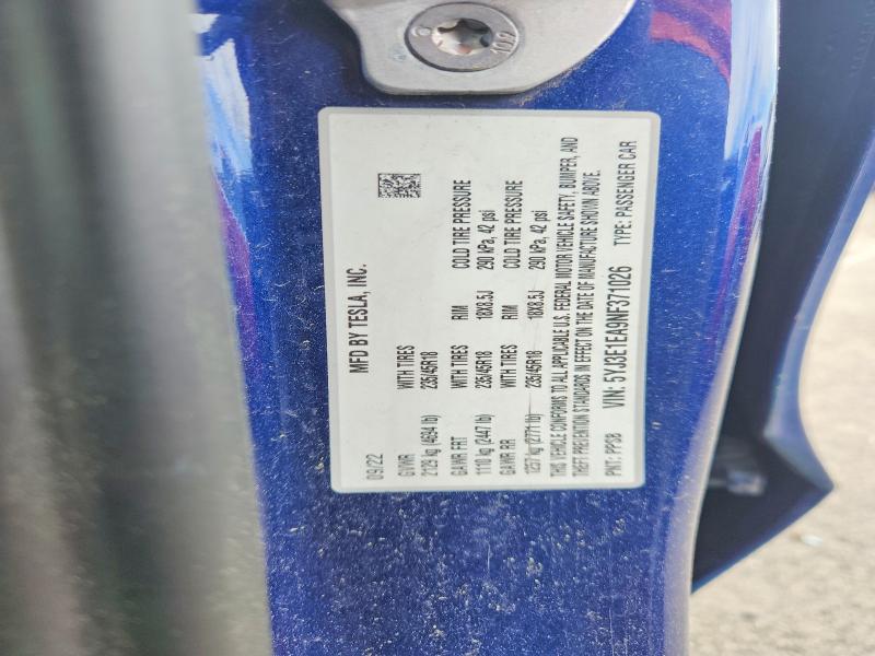 2022 Tesla Model 3 მანქანა იყიდება აუქციონზე, vin: 5YJ3E1EA9NF371026, აუქციონის ნომერი: 57041566