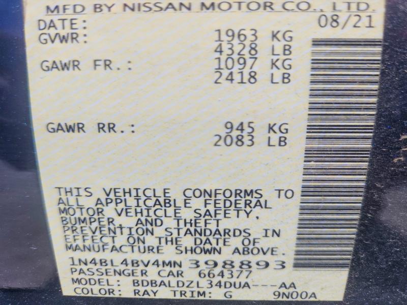 Продаж на аукціоні авто 2021 Nissan Altima, vin: 1N4BL4BV4MN398893, номер лоту: 58378696