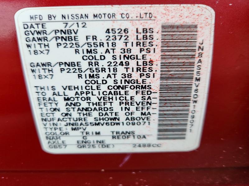 57596936 :رقم المزاد ، JN8AS5MV6DW109071 vin ، 2013 Nissan Rogue مزاد بيع