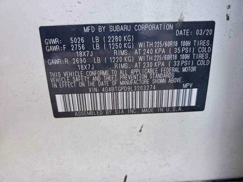 Продажа на аукционе авто 2020 Subaru Outback, vin: 4S4BTGPD9L3203274, номер лота: 58821736