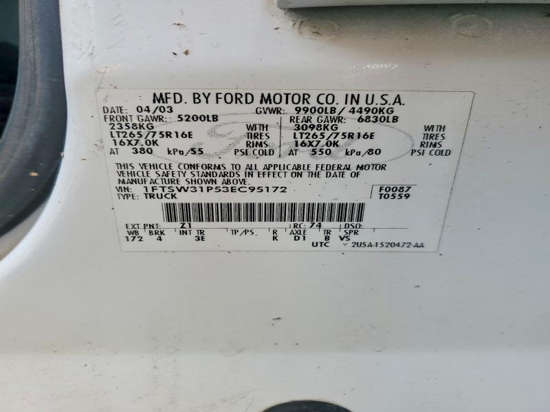 2003 Ford F350 მანქანა იყიდება აუქციონზე, vin: 1FTSW31P53EC95172, აუქციონის ნომერი: 55705256