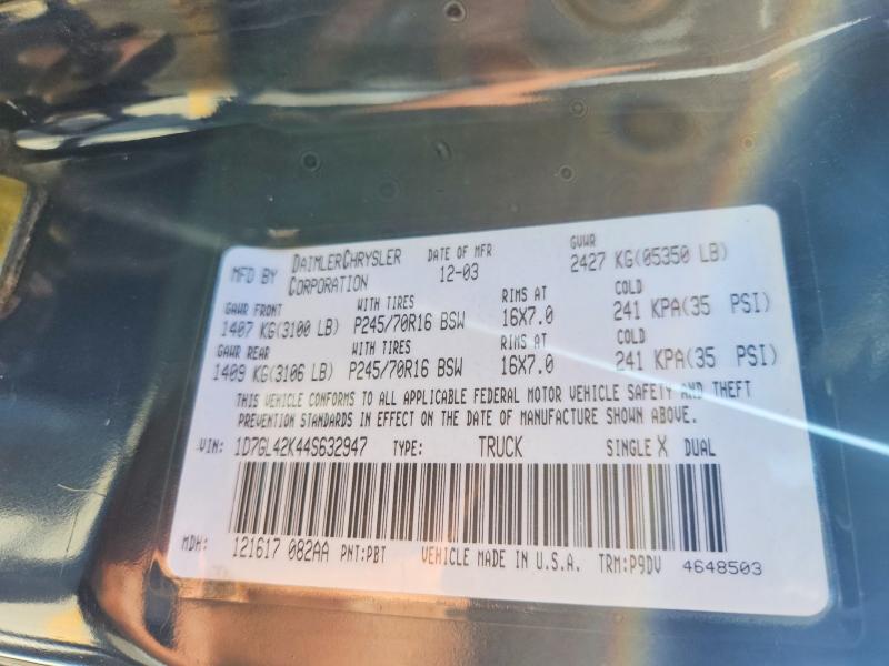 2004 Dodge Dakota მანქანა იყიდება აუქციონზე, vin: 1D7GL42K44S632947, აუქციონის ნომერი: 55948606