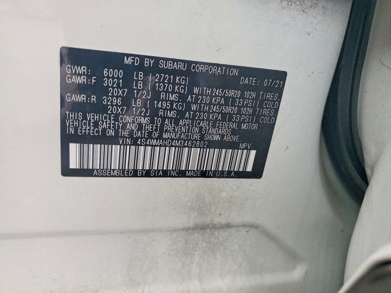 2021 Subaru Ascent მანქანა იყიდება აუქციონზე, vin: 4S4WMAHD4M3462802, აუქციონის ნომერი: 57950516