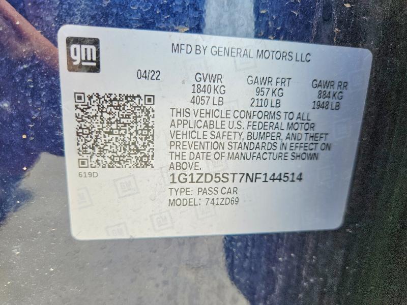 Продаж на аукціоні авто 2022 Chevrolet Malibu, vin: 1G1ZD5ST7NF144514, номер лоту: 56788076