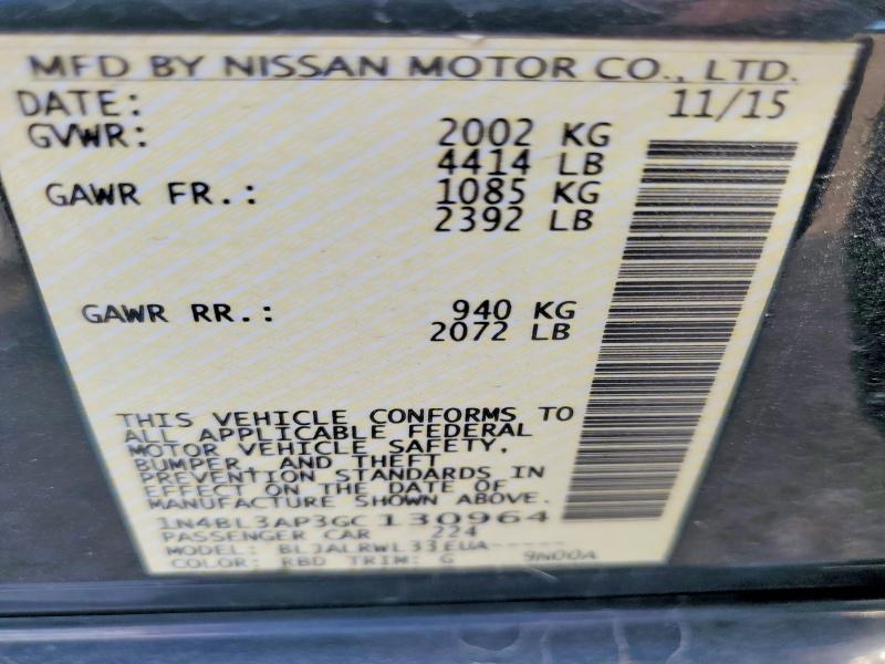 2016 Nissan Altima მანქანა იყიდება აუქციონზე, vin: 1N4BL3AP3GC130964, აუქციონის ნომერი: 56645616