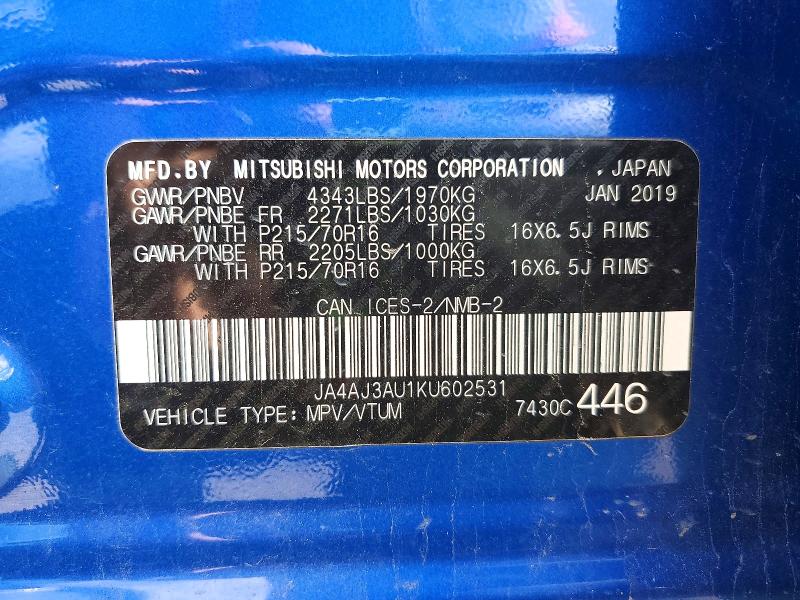2019 Mitsubishi Rvr მანქანა იყიდება აუქციონზე, vin: JA4AJ3AU1KU602531, აუქციონის ნომერი: 56721746