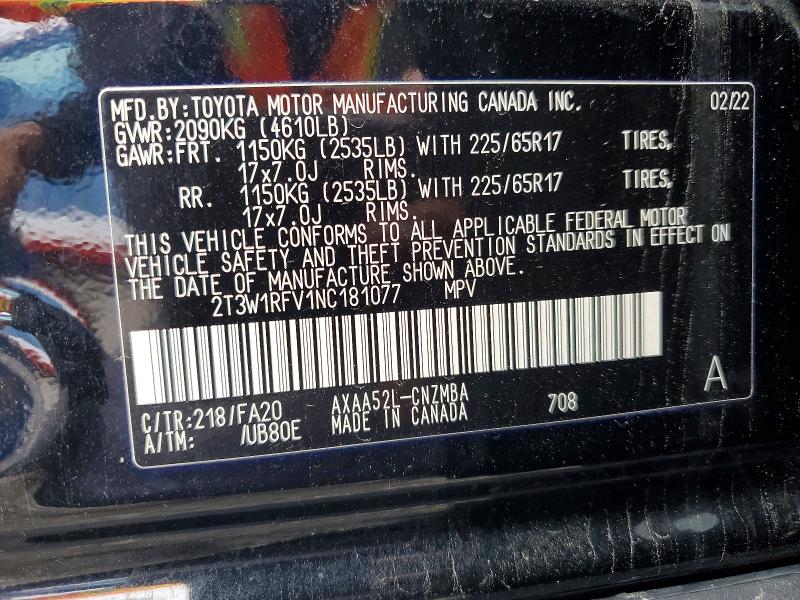 Продаж на аукціоні авто 2022 Toyota Rav4, vin: 2T3W1RFV1NC181077, номер лоту: 54132296