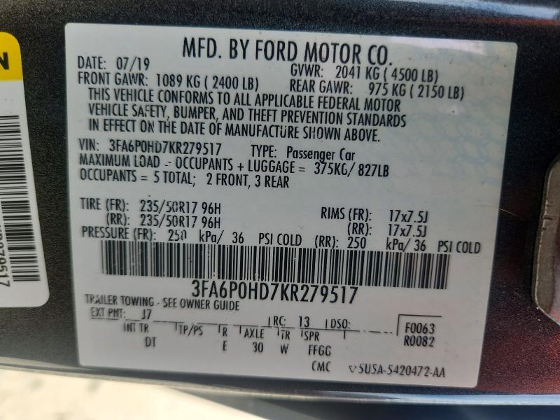 Aukcja sprzedaży 2019 Ford Fusion, vin: 3FA6P0HD7KR279517, numer aukcji: 54857856