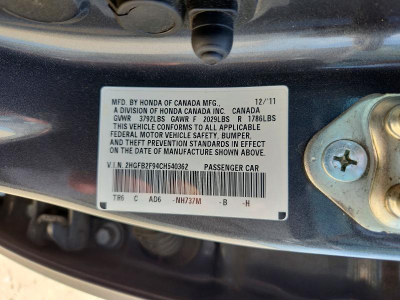 58938976 :رقم المزاد ، 2HGFB2F94CH540362 vin ، 2012 Honda Civic مزاد بيع