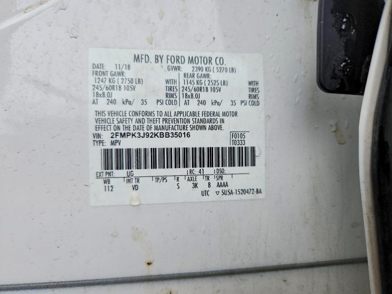 55533636 :رقم المزاد ، 2FMPK3J92KBB35016 vin ، 2019 Ford Edge مزاد بيع