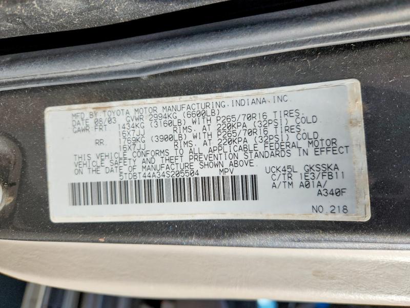 56734376 :رقم المزاد ، 5TDBT44A34S205504 vin ، 2004 Toyota Sequoia مزاد بيع