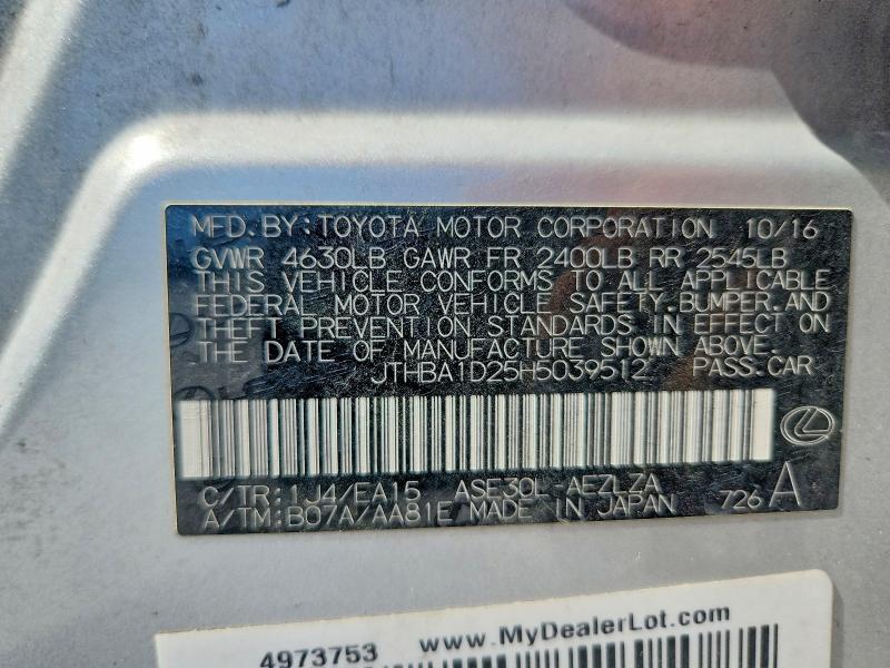 Aukcja sprzedaży 2017 Lexus Is, vin: JTHBA1D25H5039512, numer aukcji: 54897306