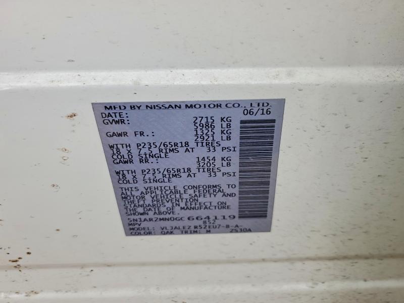 Продаж на аукціоні авто 2016 Nissan Pathfinder, vin: 5N1AR2MN0GC664119, номер лоту: 56985586