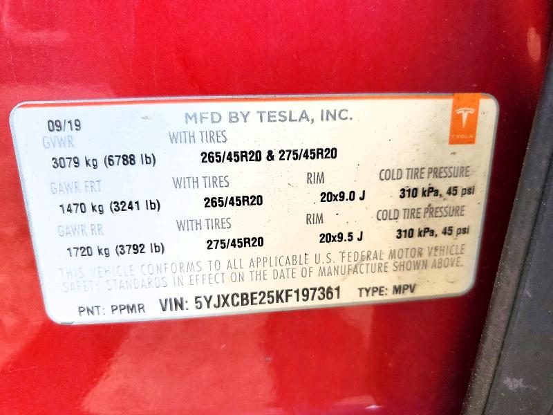 Продажа на аукционе авто 2019 Tesla Model X, vin: 5YJXCBE25KF197361, номер лота: 57427286