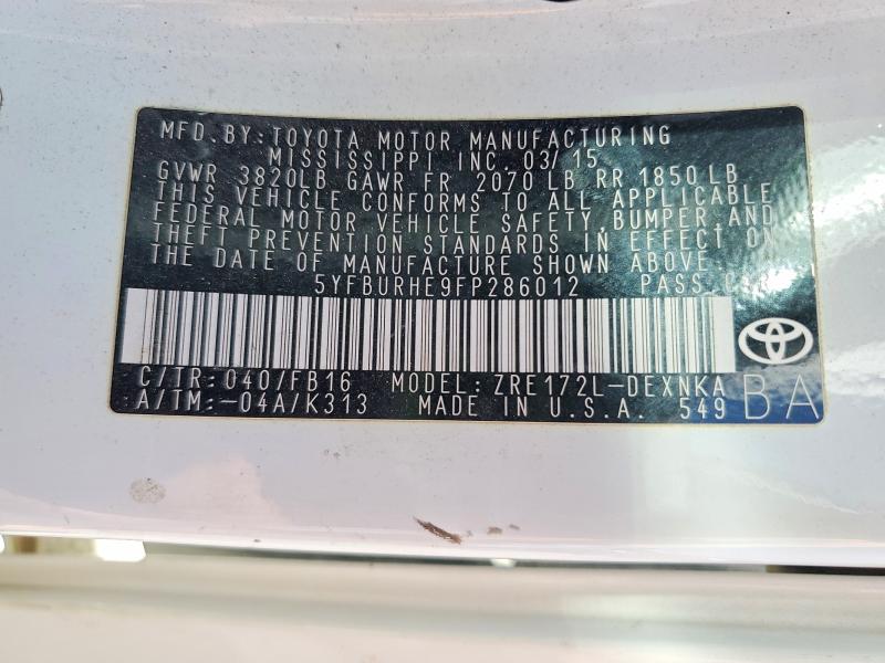 Aukcja sprzedaży 2015 Toyota Corolla, vin: 5YFBURHE9FP286012, numer aukcji: 58144416