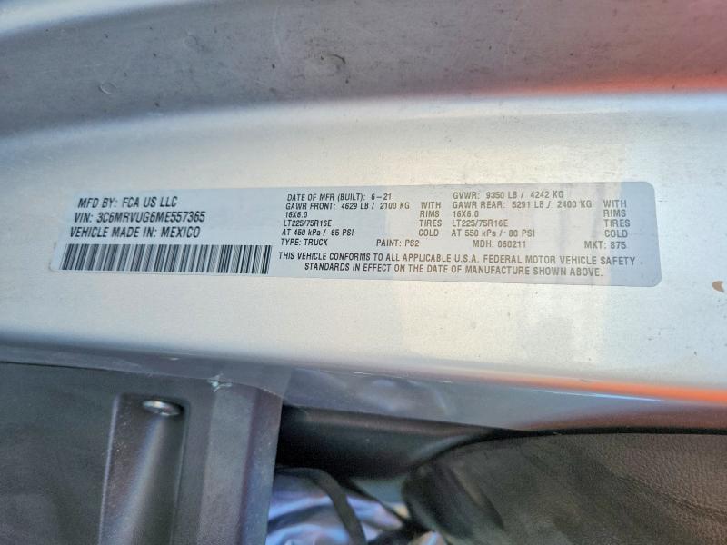 Продажа на аукционе авто 2021 Ram Promaster 3500, vin: 3C6MRVUG6ME557365, номер лота: 58827666