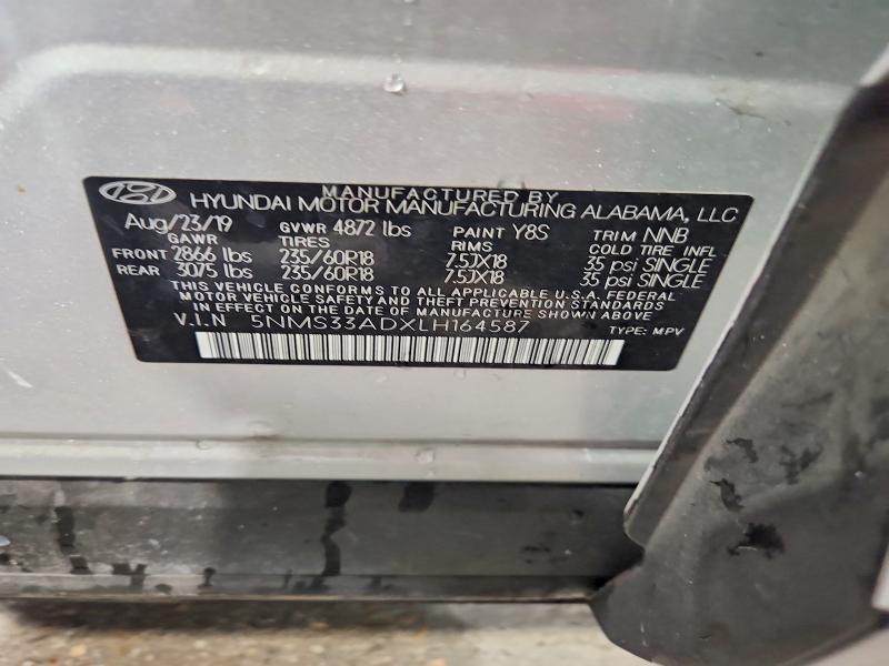 2020 Hyundai Santa Fe მანქანა იყიდება აუქციონზე, vin: 5NMS33ADXLH164587, აუქციონის ნომერი: 55647186