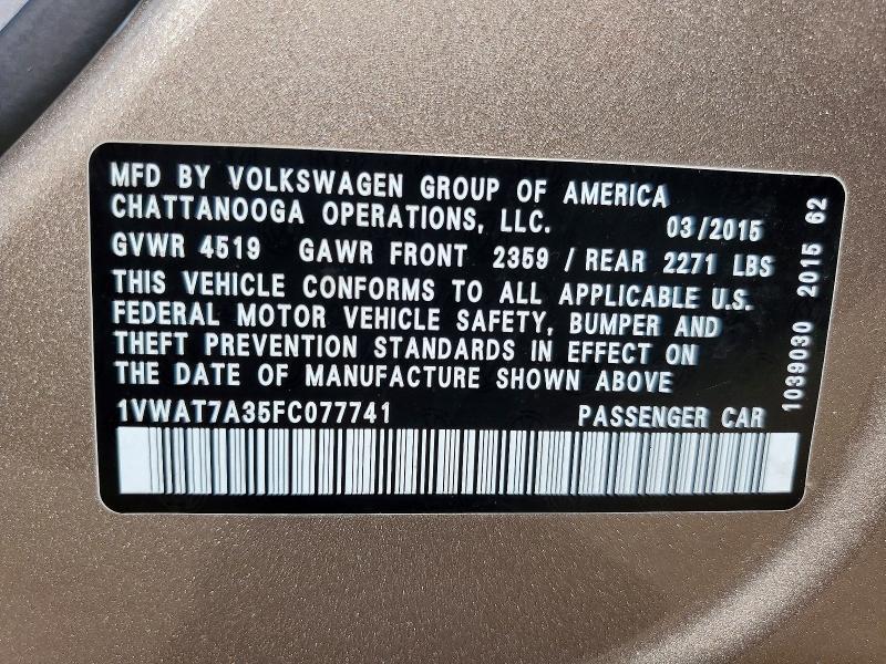 Продажа на аукционе авто 2015 Volkswagen Passat, vin: 1VWAT7A35FC077741, номер лота: 57136046