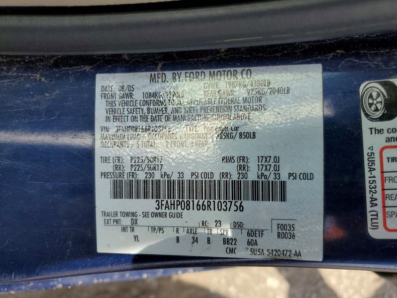 55083336 :رقم المزاد ، 3FAHP08166R103756 vin ، 2006 Ford Fusion مزاد بيع