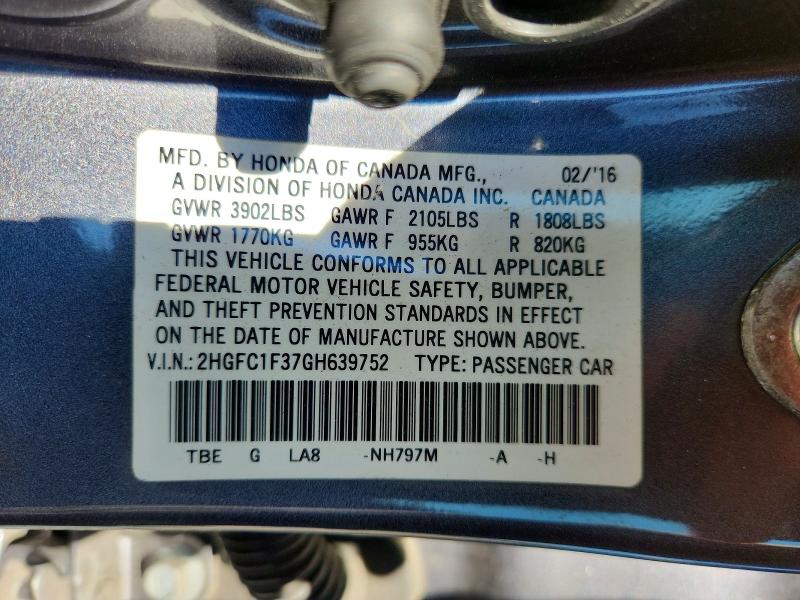 58076226 :رقم المزاد ، 2HGFC1F37GH639752 vin ، 2016 Honda Civic مزاد بيع