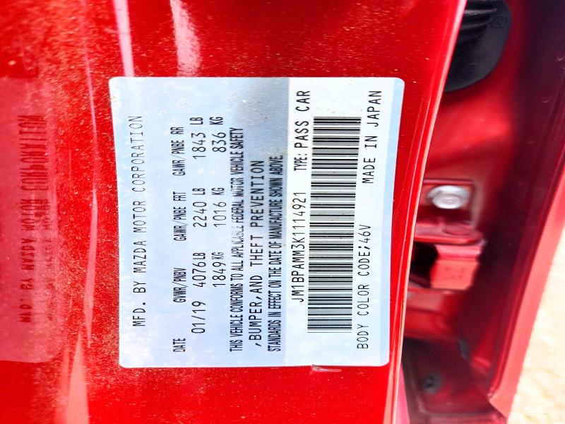 2019 Mazda 3 მანქანა იყიდება აუქციონზე, vin: JM1BPAMM3K1114921, აუქციონის ნომერი: 57732936