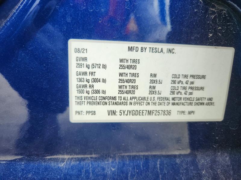 2021 Tesla Model Y მანქანა იყიდება აუქციონზე, vin: 5YJYGDEE7MF257836, აუქციონის ნომერი: 56316216