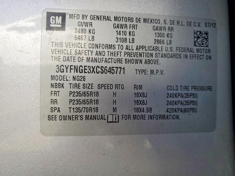 58723396 :رقم المزاد ، 3GYFNGE3XCS645771 vin ، 2012 Cadillac Srx مزاد بيع