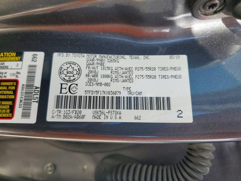 57169846 :رقم المزاد ، 5TFDY5F17KX836079 vin ، 2019 Toyota Tundra مزاد بيع