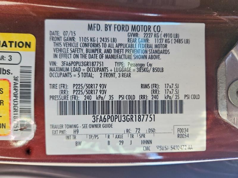 2016 Ford Fusion მანქანა იყიდება აუქციონზე, vin: 3FA6P0PU3GR187751, აუქციონის ნომერი: 58477716