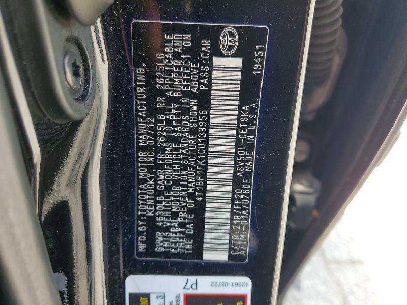 Aukcja sprzedaży 2012 Toyota Camry, vin: 4T1BF1FK1CU139956, numer aukcji: 57872806
