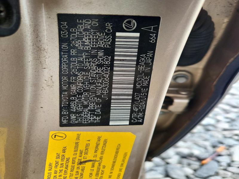 2004 Lexus Es მანქანა იყიდება აუქციონზე, vin: JTHBA30G640021802, აუქციონის ნომერი: 55343216