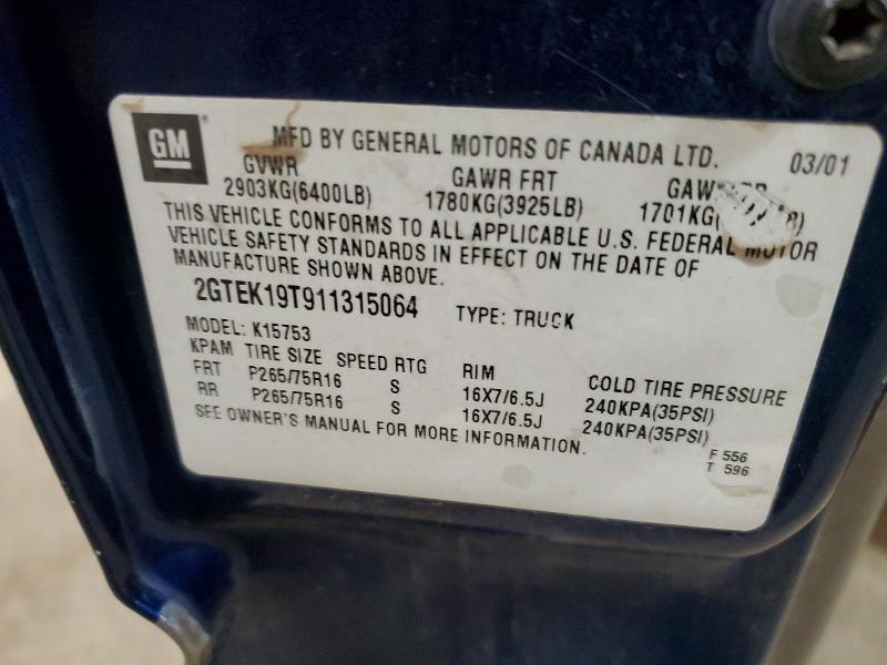 58940586 :رقم المزاد ، 2GTEK19T911315064 vin ، 2001 Gmc New Sierra مزاد بيع