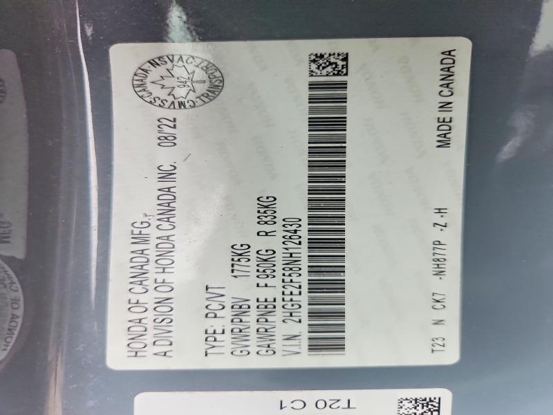 2022 Honda Civic მანქანა იყიდება აუქციონზე, vin: 2HGFE2F58NH126430, აუქციონის ნომერი: 57091846