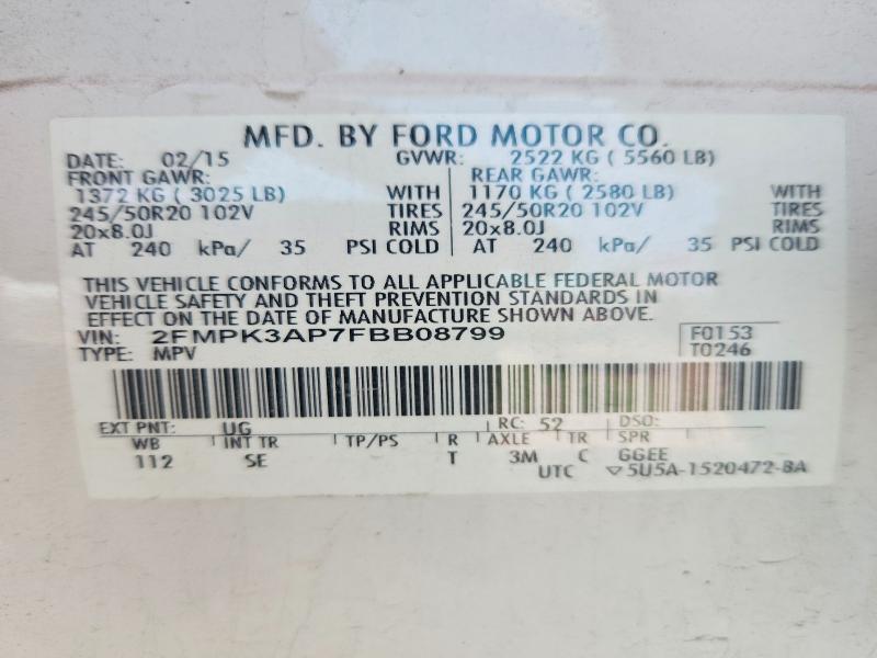 58926186 :رقم المزاد ، 2FMPK3AP7FBB08799 vin ، 2015 Ford Edge مزاد بيع