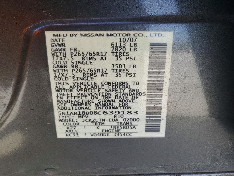 2008 Nissan Pathfinder მანქანა იყიდება აუქციონზე, vin: 5N1AR18B08C639183, აუქციონის ნომერი: 56536946