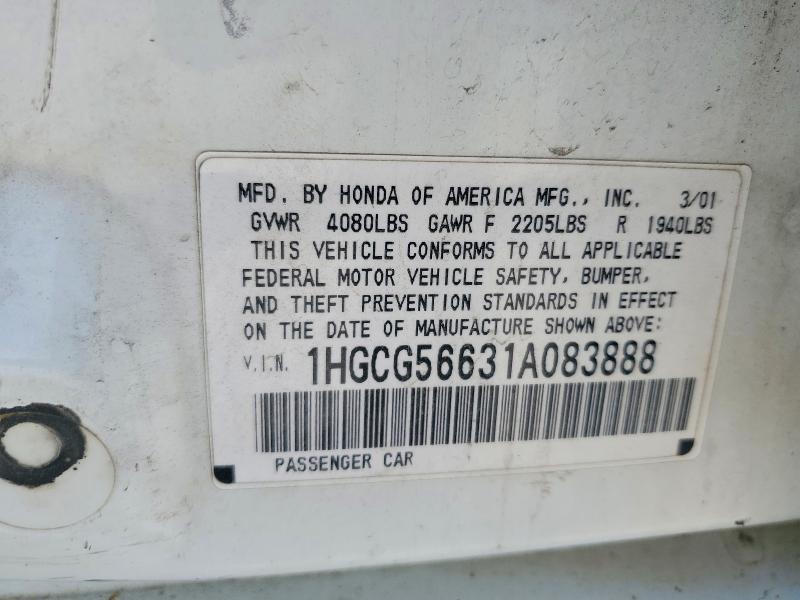 Aukcja sprzedaży 2001 Honda Accord, vin: 1HGCG56631A083888, numer aukcji: 56116336