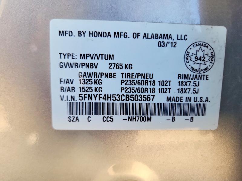 Продаж на аукціоні авто 2012 Honda Pilot, vin: 5FNYF4H53CB503567, номер лоту: 58106336