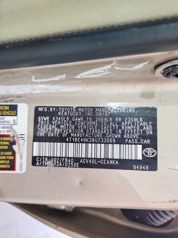 Продажа на аукционе авто 2008 Toyota Camry, vin: 4T1BE46K38U733069, номер лота: 59321306