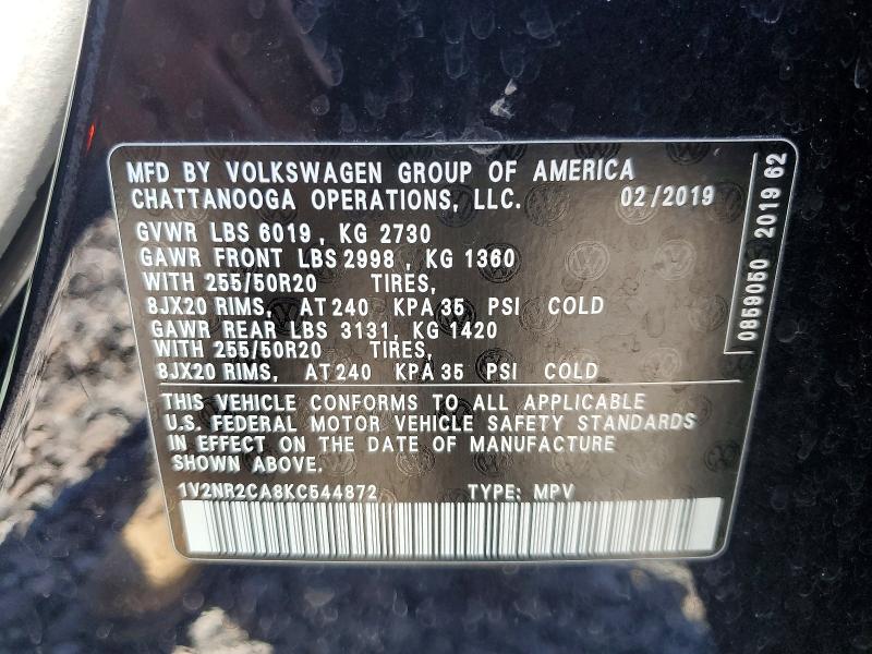 57602996 :رقم المزاد ، 1V2NR2CA8KC544872 vin ، 2019 Volkswagen Atlas مزاد بيع