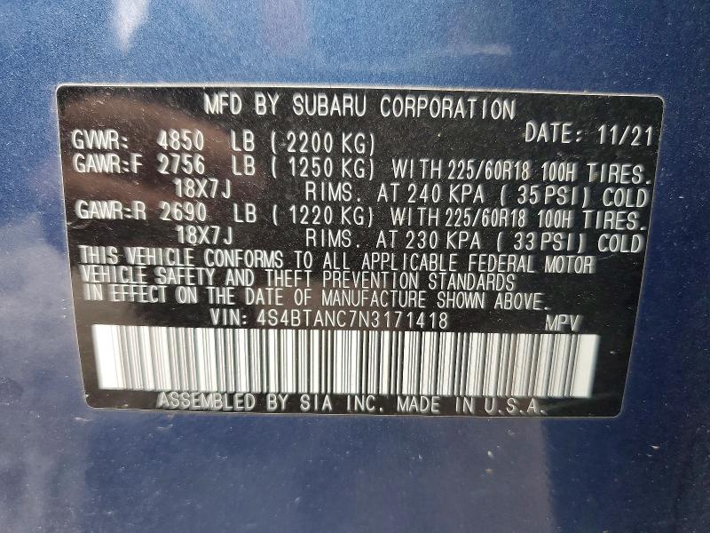 58664436 :رقم المزاد ، 4S4BTANC7N3171418 vin ، 2022 Subaru Outback مزاد بيع