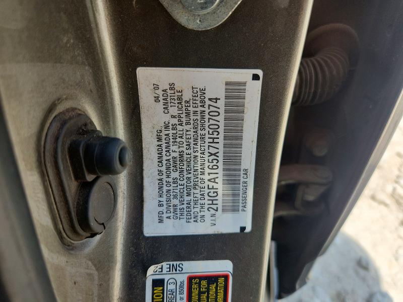 57956796 :رقم المزاد ، 2HGFA165X7H507074 vin ، 2007 Honda Civic مزاد بيع
