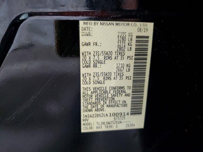 56280746 :رقم المزاد ، 5N1AZ2DS2LN100914 vin ، 2020 Nissan Murano مزاد بيع