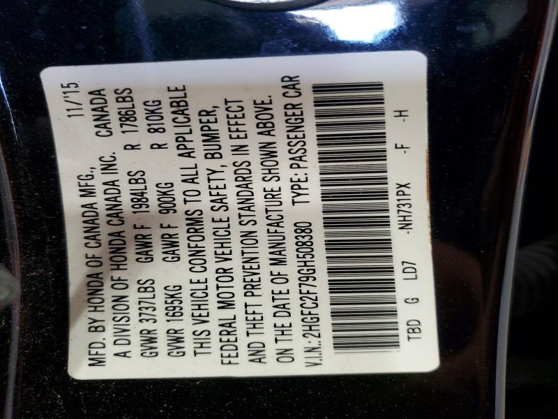 57931236 :رقم المزاد ، 2HGFC2F79GH508380 vin ، 2016 Honda Civic مزاد بيع