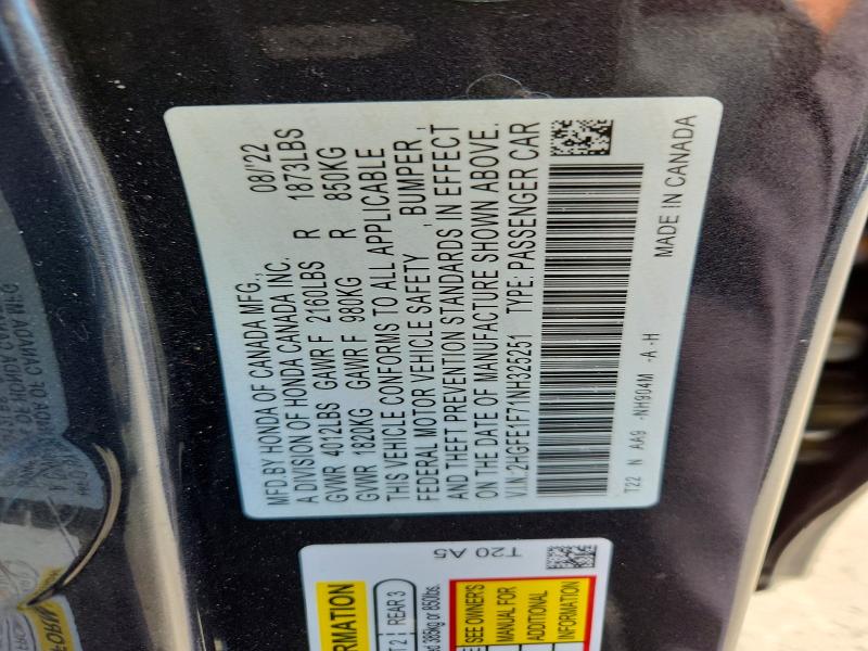 Продажа на аукционе авто 2022 Honda Civic, vin: 2HGFE1F71NH325251, номер лота: 57785546