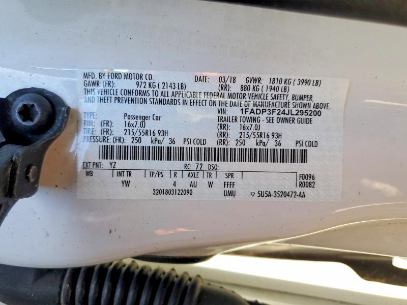 2018 Ford Focus მანქანა იყიდება აუქციონზე, vin: 1FADP3F24JL295200, აუქციონის ნომერი: 56844996