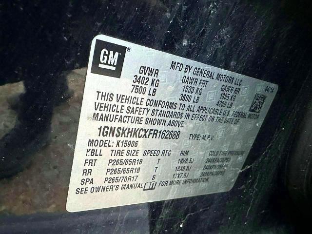 2015 Chevrolet Suburban მანქანა იყიდება აუქციონზე, vin: 1GNSKHKCXFR162688, აუქციონის ნომერი: 55846766